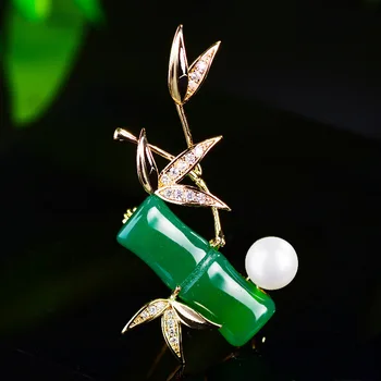 Naujas Mados Sagės Pin Moterims, Elegantiška Žalia Augalų Bambuko Vario Pearl Laple Smeigtukai Kailis Kostiumą, Aksesuarai, Papuošalai, Dovanos